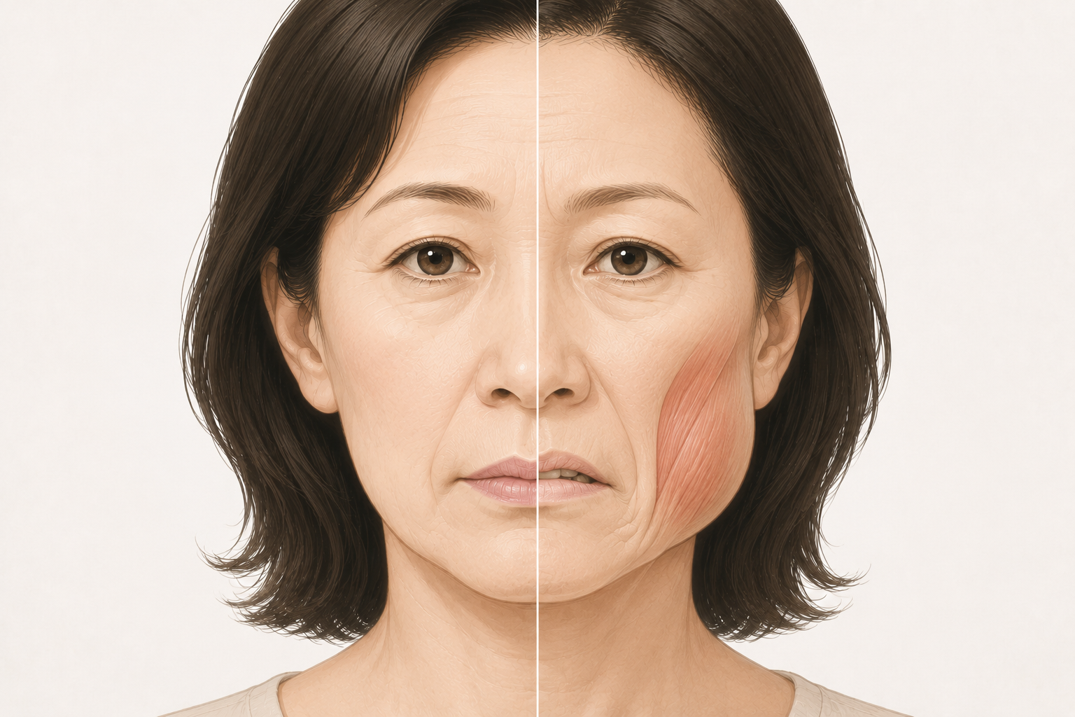 顔の筋肉のコリがほうれい線を引き下げる仕組みの図解