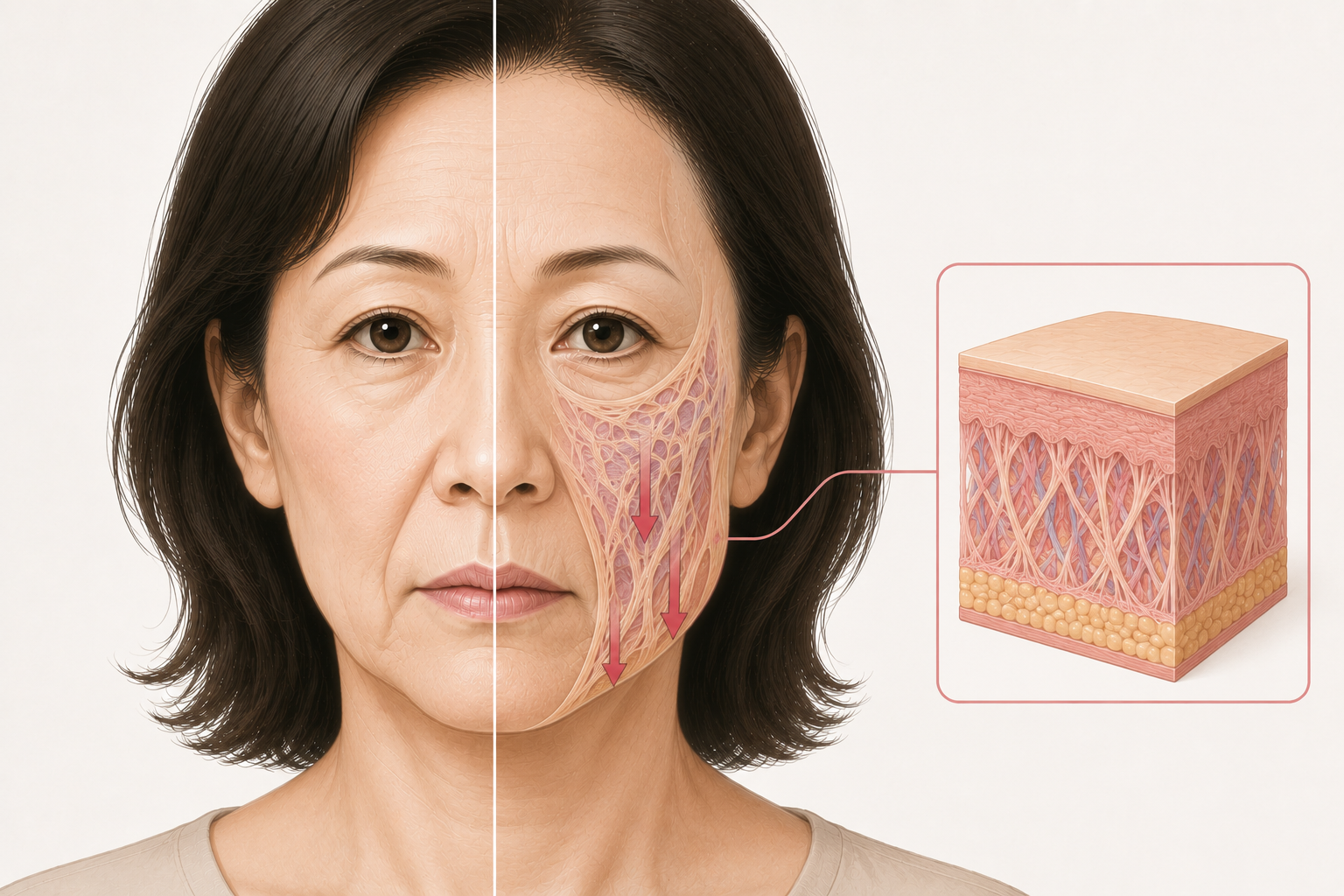 皮膚の弾力低下でハリを失いほうれい線がたるむ図解