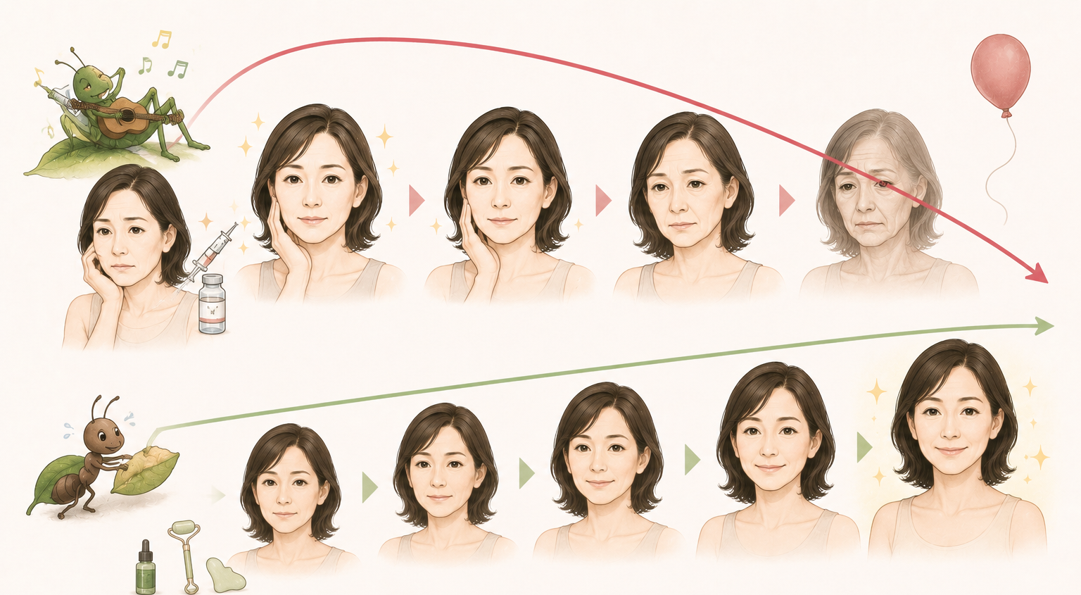 美容医療に頼った場合と、セルフケアをコツコツ続けた場合の見た目の変化の比較イラスト