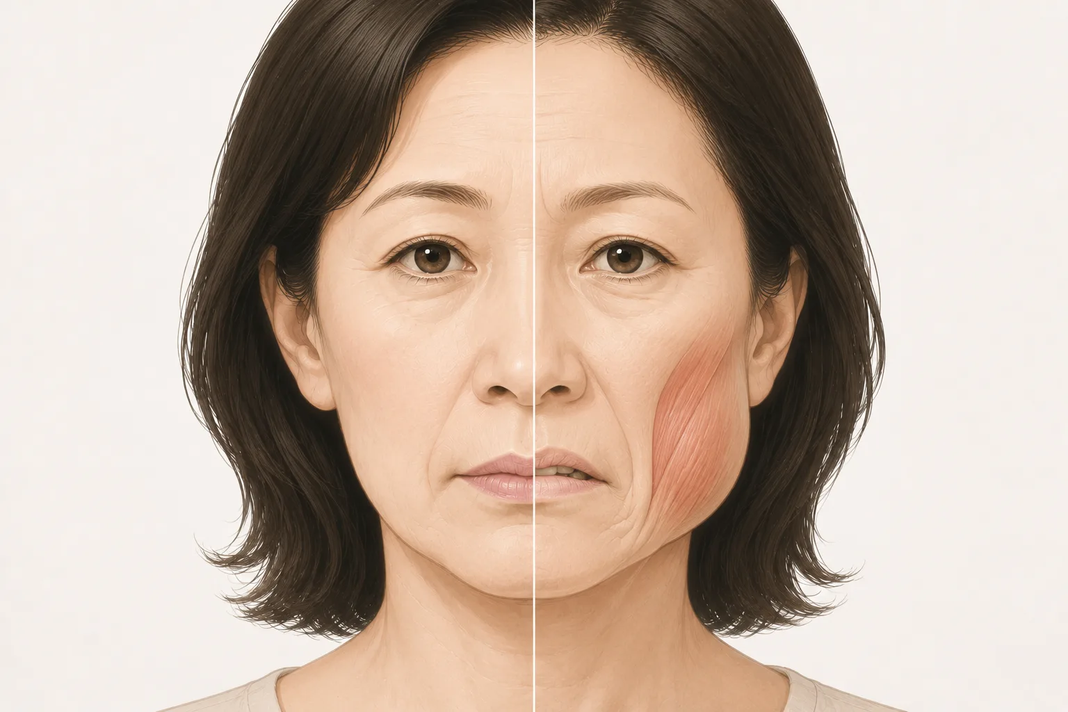 顔の筋肉のコリがほうれい線を引き下げる仕組みの図解