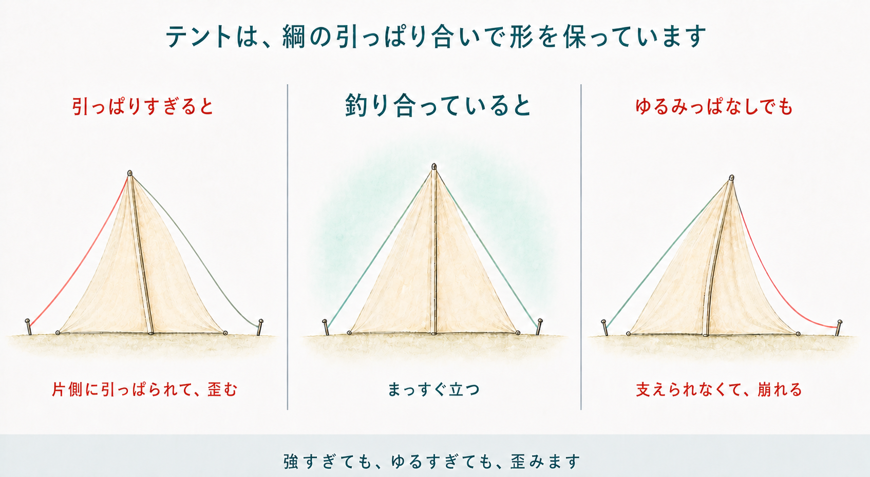 テントは、綱の引っぱり合いで形を保っています。引っぱりすぎると片側に引っぱられて歪む/釣り合っているとまっすぐ立つ/ゆるみっぱなしでも支えられなくて崩れる