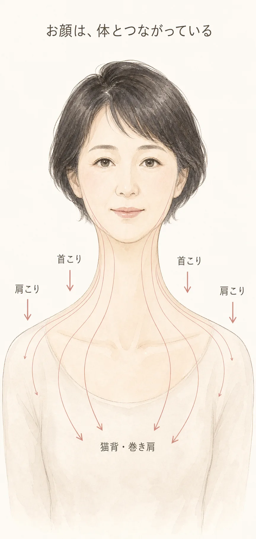 肩こり・首こり・猫背によって、お顔が下へ引っ張られていることを示すイラスト