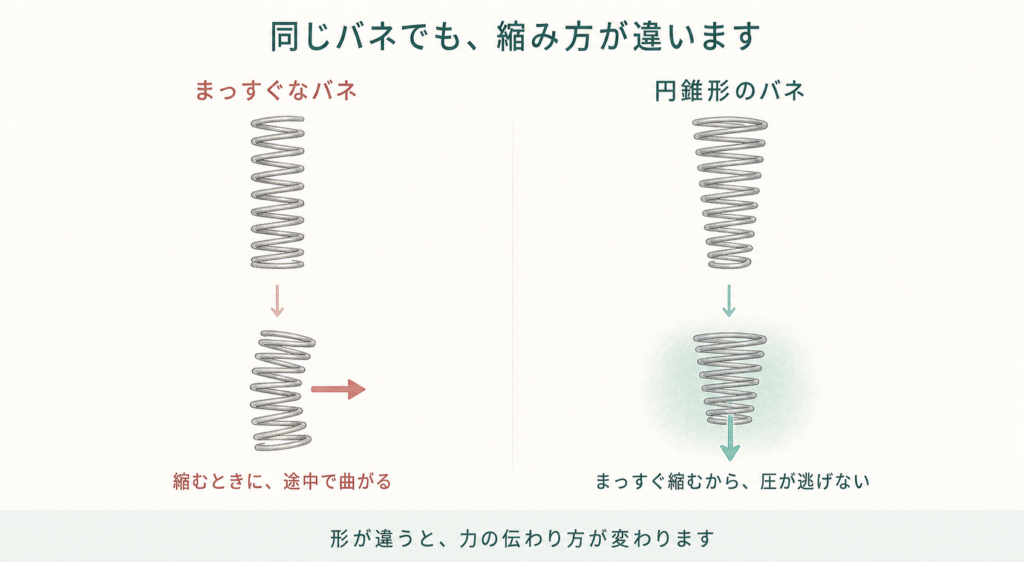 同じバネでも縮み方が違う図。まっすぐなバネは縮むときに途中で曲がり、円錐形のバネはまっすぐ縮む