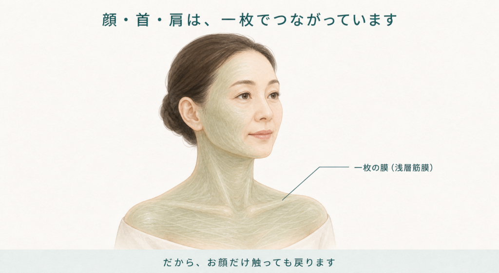 顔・首・肩を一枚の膜（浅層筋膜）がつながって覆っている図