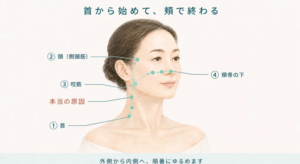 筋膜リリースのルート。①首(本当の原因)→②頭・側頭筋→③咬筋→④頬骨の下へ、外側から内側へ進む図