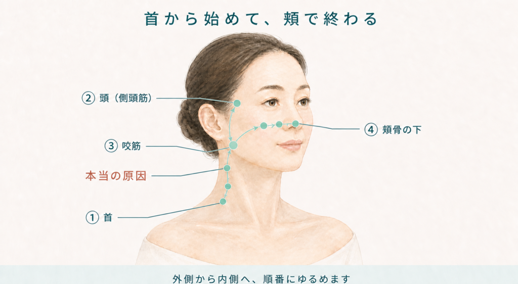 筋膜リリースのルート。①首（本当の原因）→②頭・側頭筋→③咬筋→④頬骨の下へ、外側から内側へ進む図