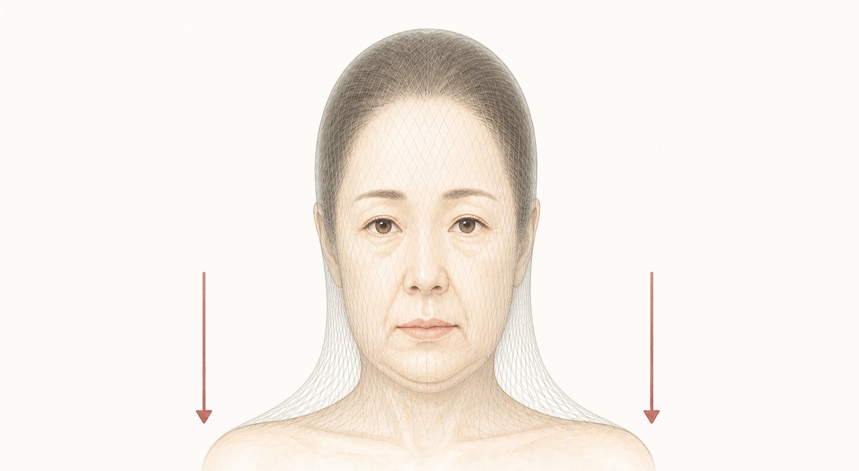 ストッキングをかぶった顔が、下向きの矢印で引っぱられて下がっている