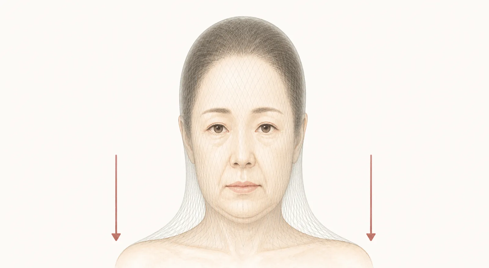 ストッキングをかぶった顔が、下向きの矢印で引っぱられて下がっている