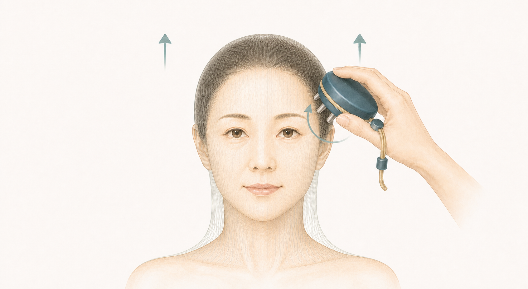 側頭部にThe HORiZONEを当てて回すと、上向きの矢印のようにお顔も引き上がる