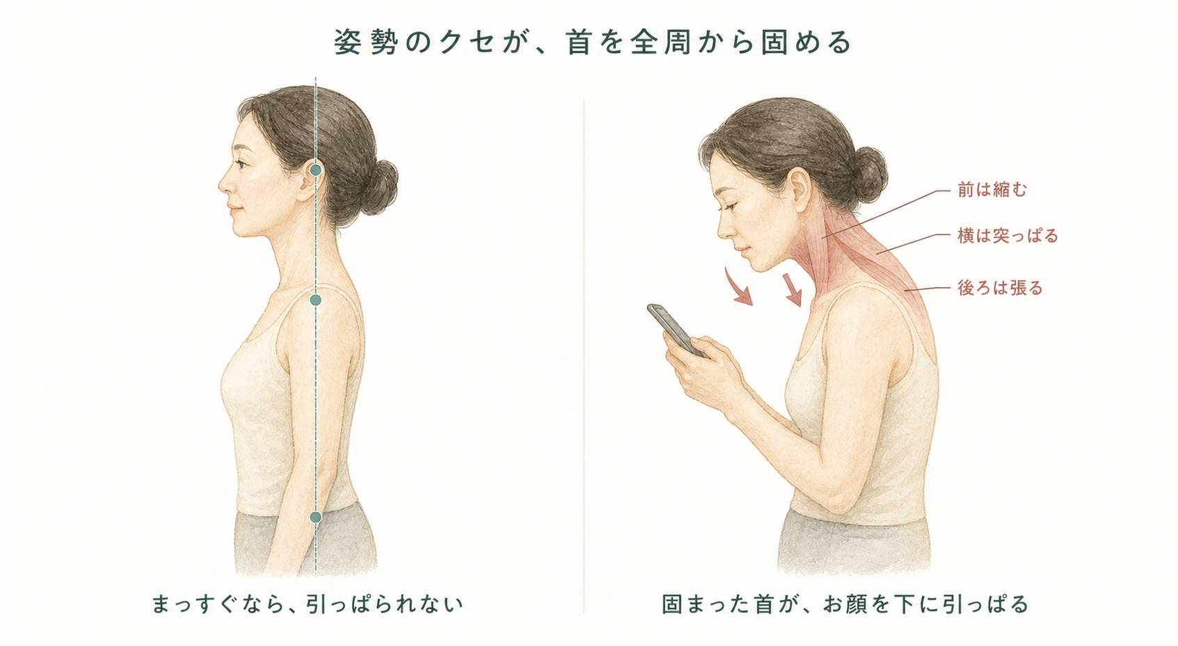 まっすぐな姿勢と、スマホ首・猫背の比較。固まった首の前・横・後ろがお顔を下に引っぱる