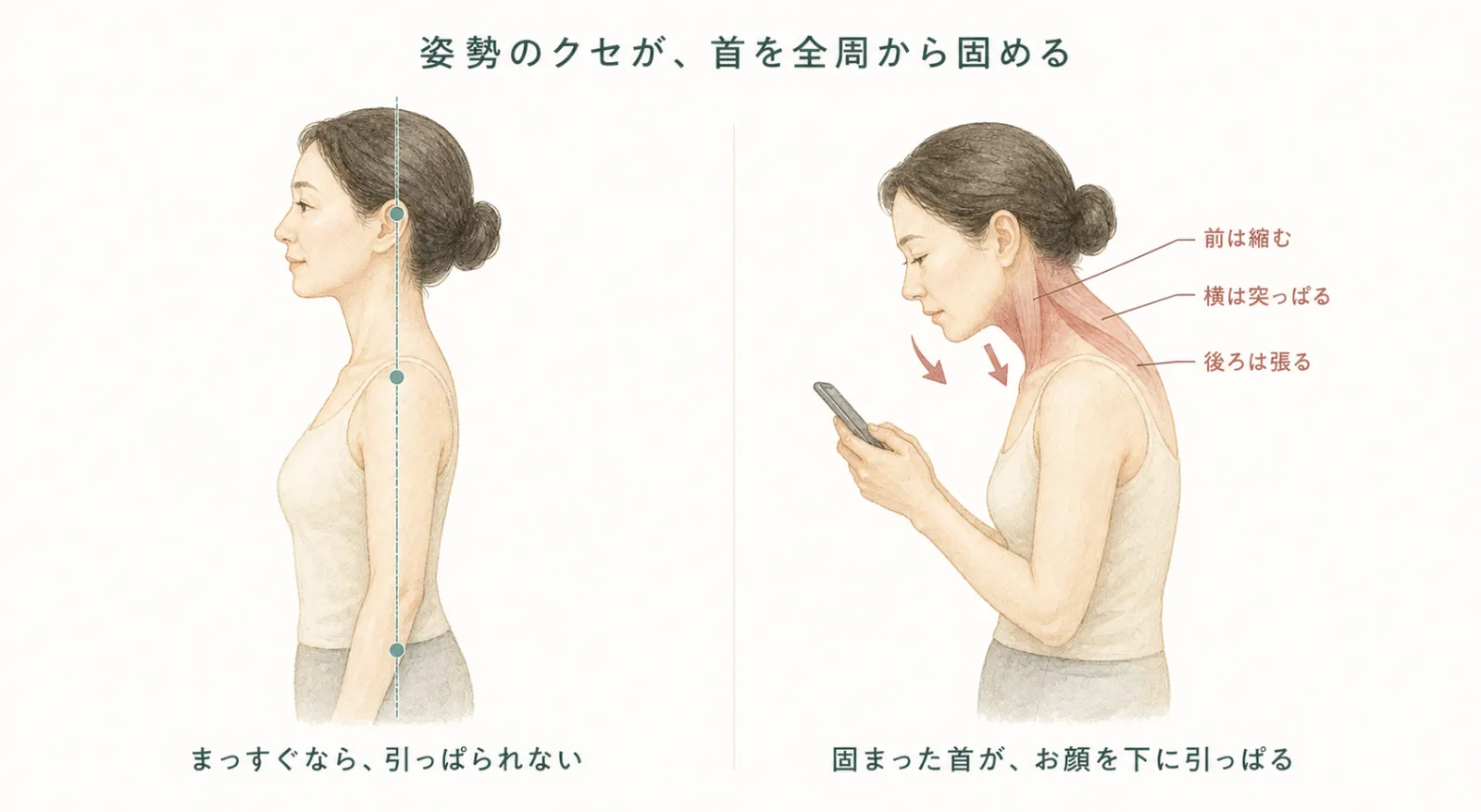まっすぐな姿勢と、スマホ首・猫背の比較。固まった首の前・横・後ろがお顔を下に引っぱる