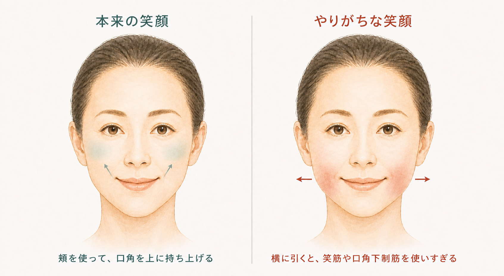 本来の笑顔は頬を使って口角を上に持ち上げる。やりがちな笑顔は横に引いて笑筋や口角下制筋を使いすぎる