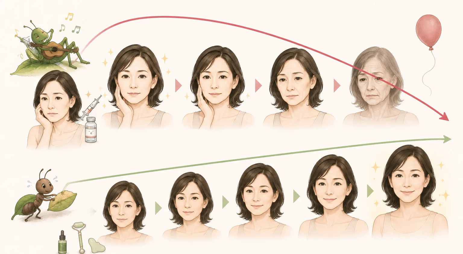 美容医療に頼った場合と、セルフケアをコツコツ続けた場合の見た目の変化の比較イラスト