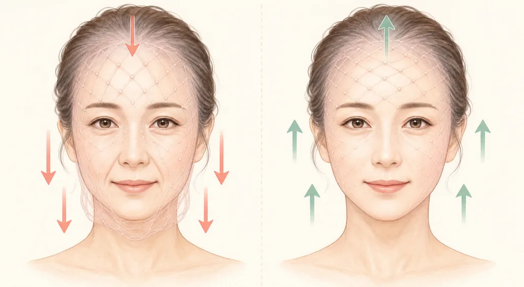 筋膜が下に引っぱられているときと、引き上がっているときの顔の違い